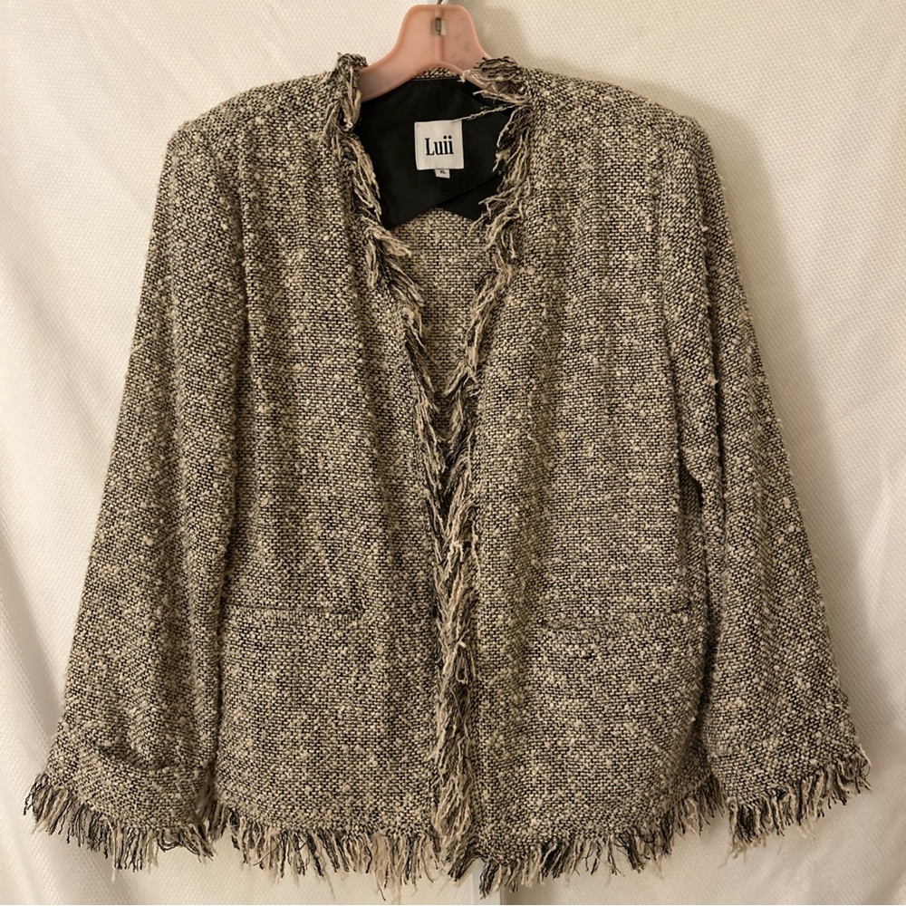 Luii Woman’s Size XL Black Tan Tweed Open Front Fringe Trim Blazer New No Tags